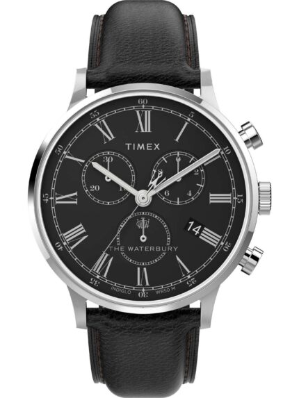 TIMEX Waterbury Chronograph Black Leather Strap- Μαύρο